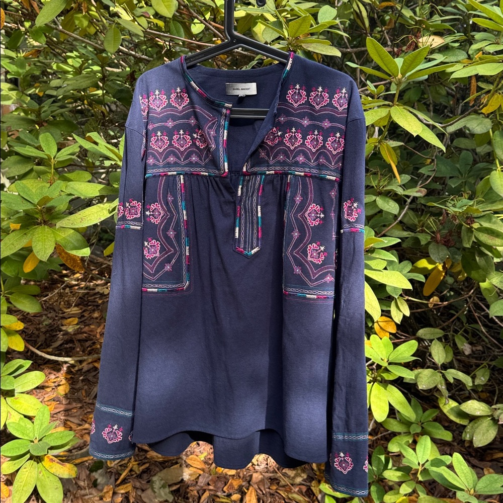 Isabel Marant Dark Blue Top with Colorful Embroidery NWT